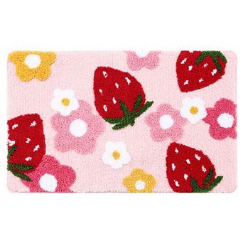 Strawberry and Floral Pattern Soft Absorbent Bathroom Floor Mat with Non Slip Backing