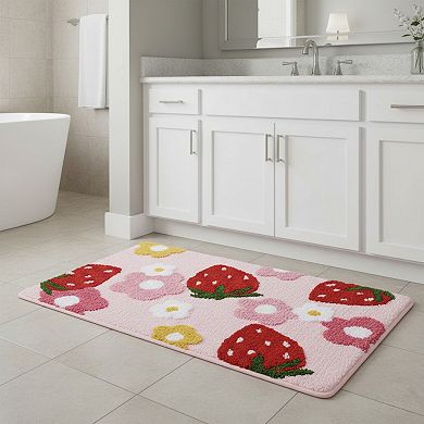 Strawberry and Floral Pattern Soft Absorbent Bathroom Floor Mat with Non Slip Backing