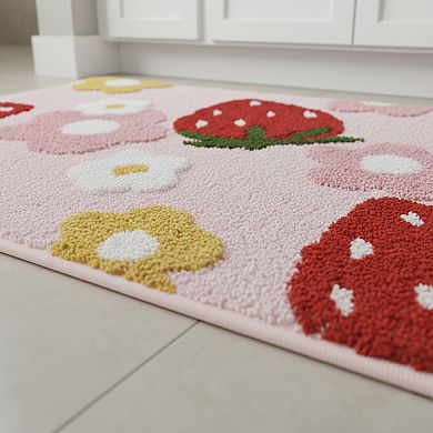 Strawberry and Floral Pattern Soft Absorbent Bathroom Floor Mat with Non Slip Backing