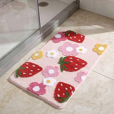 Strawberry and Floral Pattern Soft Absorbent Bathroom Floor Mat with Non Slip Backing