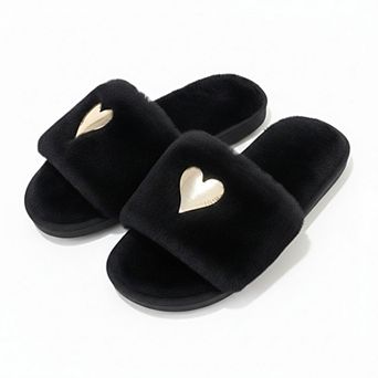 Women’s Plush Slide House Slippers with Metallic Heart Accent and Cushioned Footbed