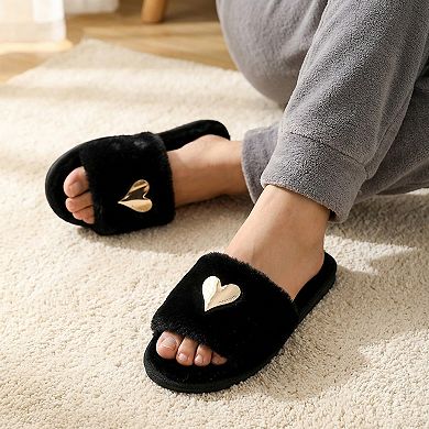 Women's Plush Slide House Slippers with Metallic Heart Accent and Cushioned Footbed