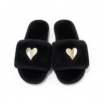 Women's Plush Slide House Slippers with Metallic Heart Accent and Cushioned Footbed