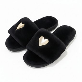 Women's Plush Slide House Slippers with Metallic Heart Accent and Cushioned Footbed