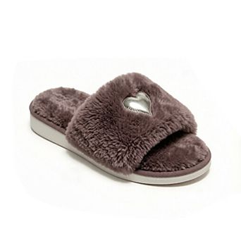 Women's Plush Slide House Slippers with Metallic Heart Accent and Cushioned Footbed