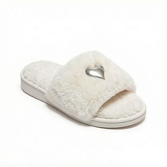 Women's Plush Slide House Slippers with Metallic Heart Accent and Cushioned Footbed