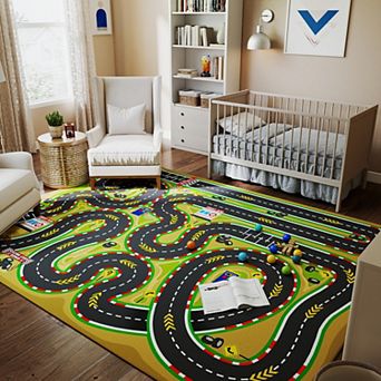 Kids Road Traffic Play Mat Area Rug, Non-Slip Washable Playmat for Bedroom