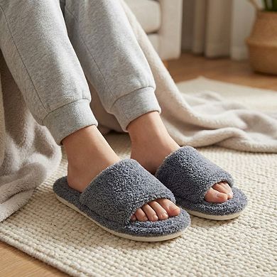 Women’s Plush Slide House Slippers with Soft Textured Upper and Cushioned Comfort Footbed