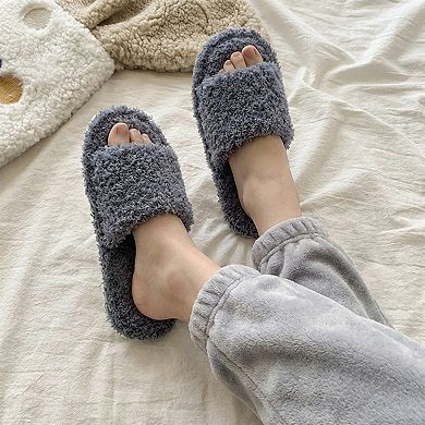 Women’s Plush Slide House Slippers with Soft Textured Upper and Cushioned Comfort Footbed