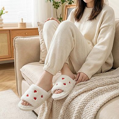 Women’s Plush Slide House Slippers with Heart Pattern Upper and Cushioned Footbed