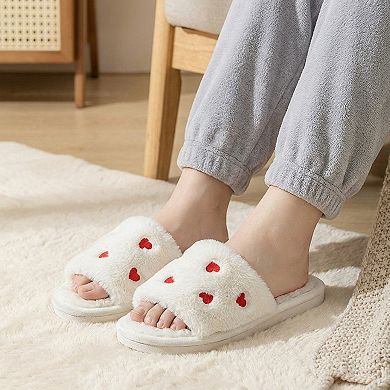 Women’s Plush Slide House Slippers with Heart Pattern Upper and Cushioned Footbed