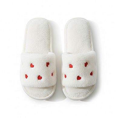 Women’s Plush Slide House Slippers with Heart Pattern Upper and Cushioned Footbed