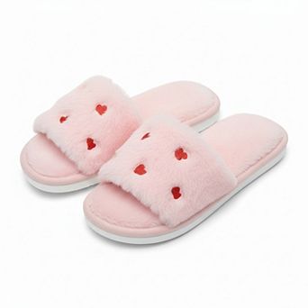 Women’s Plush Slide House Slippers with Heart Pattern Upper and Cushioned Footbed