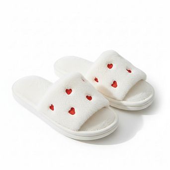 Women’s Plush Slide House Slippers with Heart Pattern Upper and Cushioned Footbed
