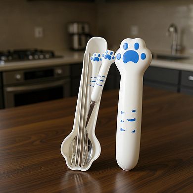 Paw Handle Stainless Steel Kids Flatware Set with Spoon Fork Chopsticks and Storage Case