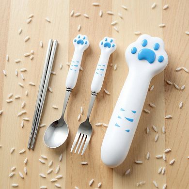 Paw Handle Stainless Steel Kids Flatware Set with Spoon Fork Chopsticks and Storage Case