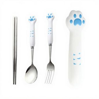 Paw Handle Stainless Steel Kids Flatware Set with Spoon Fork Chopsticks and Storage Case