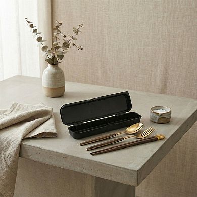 Portable Flatware 4 Piece Set with Spoon Fork Chopsticks and Slim Travel Storage Case