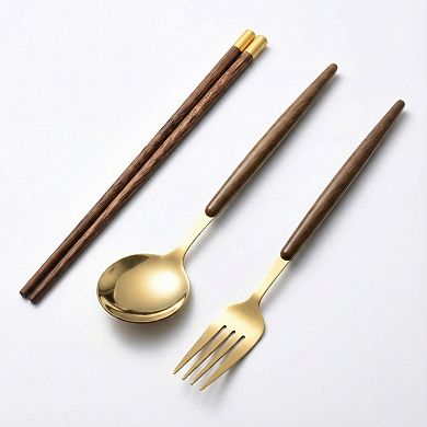 Portable Flatware 4 Piece Set with Spoon Fork Chopsticks and Slim Travel Storage Case