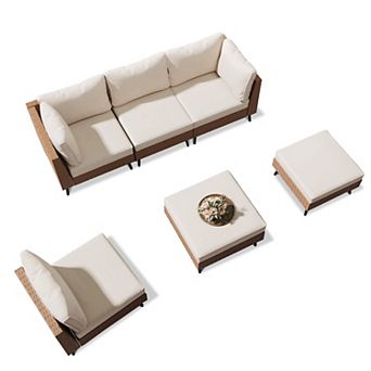 PATIOEASY Tapered Leg Woven Rattan 6 pc Set in Beige small outdoor sectional Cushions for Patio