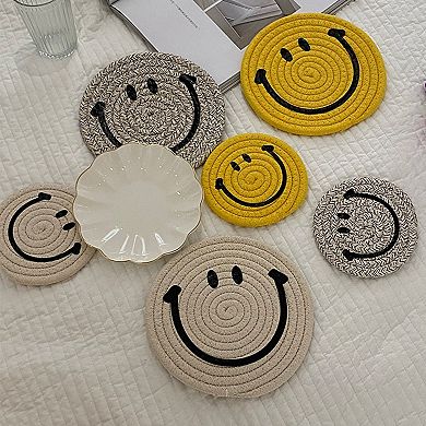 Woven Smiley Face Round Coasters for Tabletop Decoration and Surface Protection