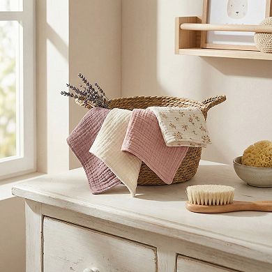 Soft Cotton Textured Kitchen Cleaning Cloths Hanging Dish Towels Floral and Solid Mix 4 Pack