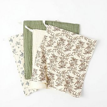 Soft Cotton Textured Kitchen Cleaning Cloths Hanging Dish Towels Floral and Solid Mix 4 Pack