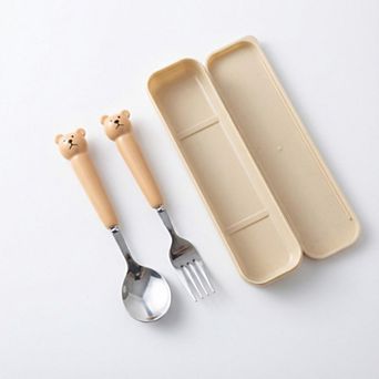 Portable Spoon and Fork Set with Storage Case Cute Character Handle Reusable Tableware