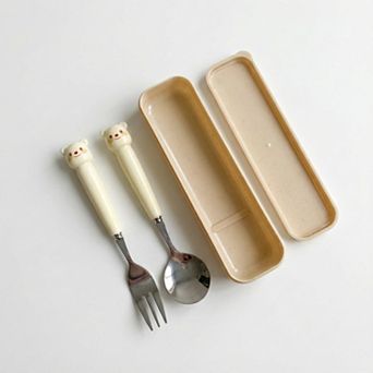 Portable Spoon and Fork Set with Storage Case Cute Character Handle Reusable Tableware