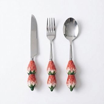 Strawberry Handle Flatware 3 pc Set with Decorative Sculpted Design and Polished Metal Utensils