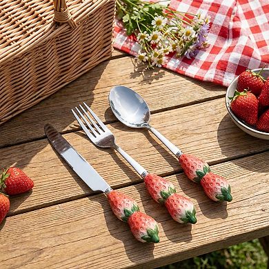 Strawberry Handle Flatware 3 Piece Set with Decorative Sculpted Design and Polished Metal Utensils