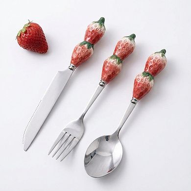 Strawberry Handle Flatware 3 Piece Set with Decorative Sculpted Design and Polished Metal Utensils