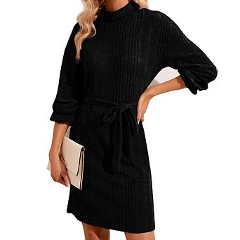 Womens Winter Dress Long Sleeve Ribbed Knit Casual Tie Waist Sweater Dress