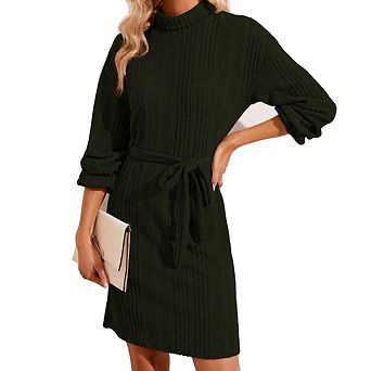 Womens Winter Dress Long Sleeve Ribbed Knit Casual Tie Waist Sweater Dress