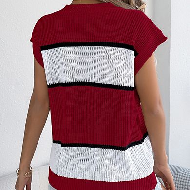 Women Color Block Stripe Casual Short Sleeve Knitwear Crew Neck Loose Vacation Breathable Pullover