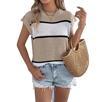Women Color Block Stripe Casual Short Sleeve Knitwear Crew Neck Loose Vacation Breathable Pullover