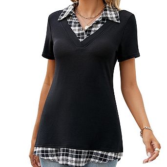 Women's Short Sleeve V-Neck Contrast Collared Shirts Patchwork Plaid Work Blouse Tunics Tops