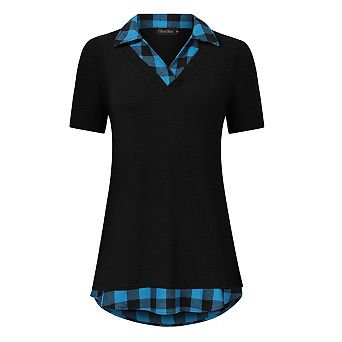 Women's Short Sleeve V-Neck Contrast Collared Shirts Patchwork Plaid Work Blouse Tunics Tops