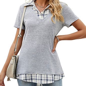 Women's Short Sleeve V-Neck Contrast Collared Shirts Patchwork Plaid Work Blouse Tunics Tops
