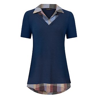 Women's Short Sleeve V-Neck Contrast Collared Shirts Patchwork Plaid Work Blouse Tunics Tops