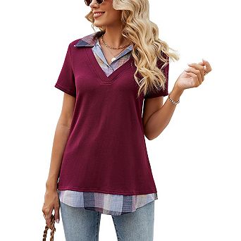 Women's Short Sleeve V-Neck Contrast Collared Shirts Patchwork Plaid Work Blouse Tunics Tops