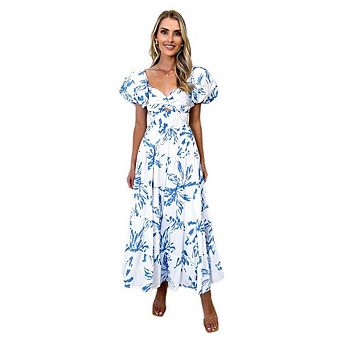 Women's Puffy Short Sleeve Dress Square Neck Smocked Tiered Ruffle Dresses Summer Travel Midi Dress