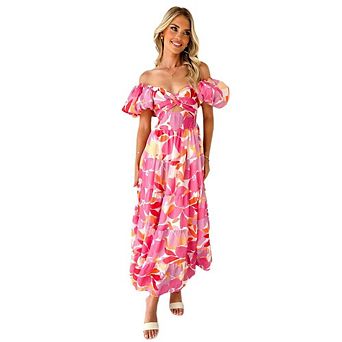 Women's Puffy Short Sleeve Dress Square Neck Smocked Tiered Ruffle Dresses Summer Travel Midi Dress