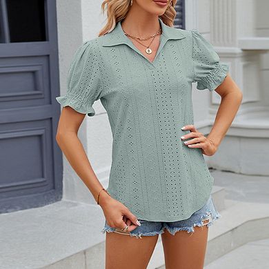 Women's Eyelet Collar Short Sleeve Blouse Opaque Slightly Stretchy Professional Top Everyday Wear