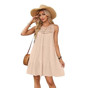 Women Casual Sleeveless Dresses Boho Hollow Out Neck A-Line Sundress Beach Summer Mini Dresses