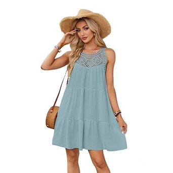 Women Casual Sleeveless Dresses Boho Hollow Out Neck A-Line Sundress Beach Summer Mini Dresses