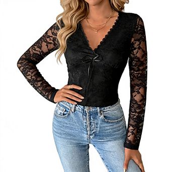 Women's Lace Long Sleeve Blouse - V-Neck Tie Front Sheer Top for Casual Evening Wear