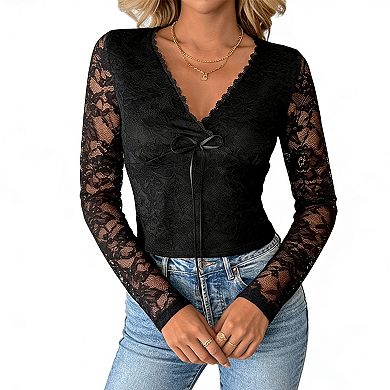 Women's Lace Long Sleeve Blouse - V-Neck Tie Front Sheer Top for Casual Evening Wear