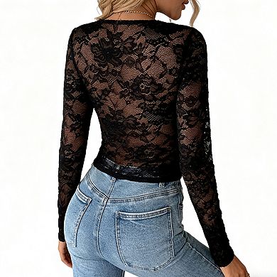 Women's Lace Long Sleeve Blouse - V-Neck Tie Front Sheer Top for Casual Evening Wear