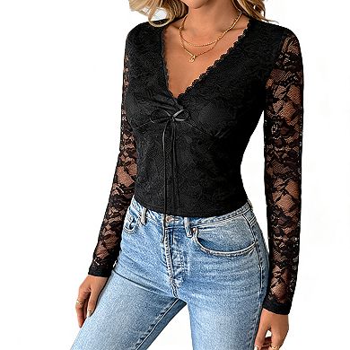Women's Lace Long Sleeve Blouse - V-Neck Tie Front Sheer Top for Casual Evening Wear